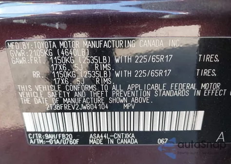 2018 Toyota Rav4 Le из США, поврежденный, VIN 2T3BFREV2JW804104